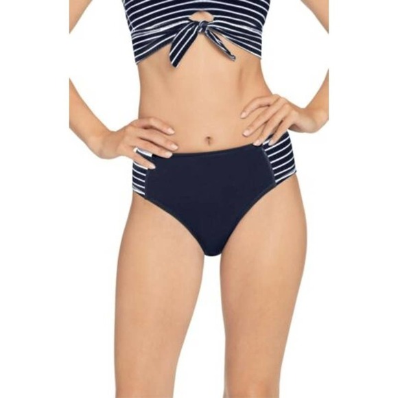 Robin Piccone Womens Navy/White Stripe Sailor Tab High Waist Bikini Bottom Large - Picture 3 of 11